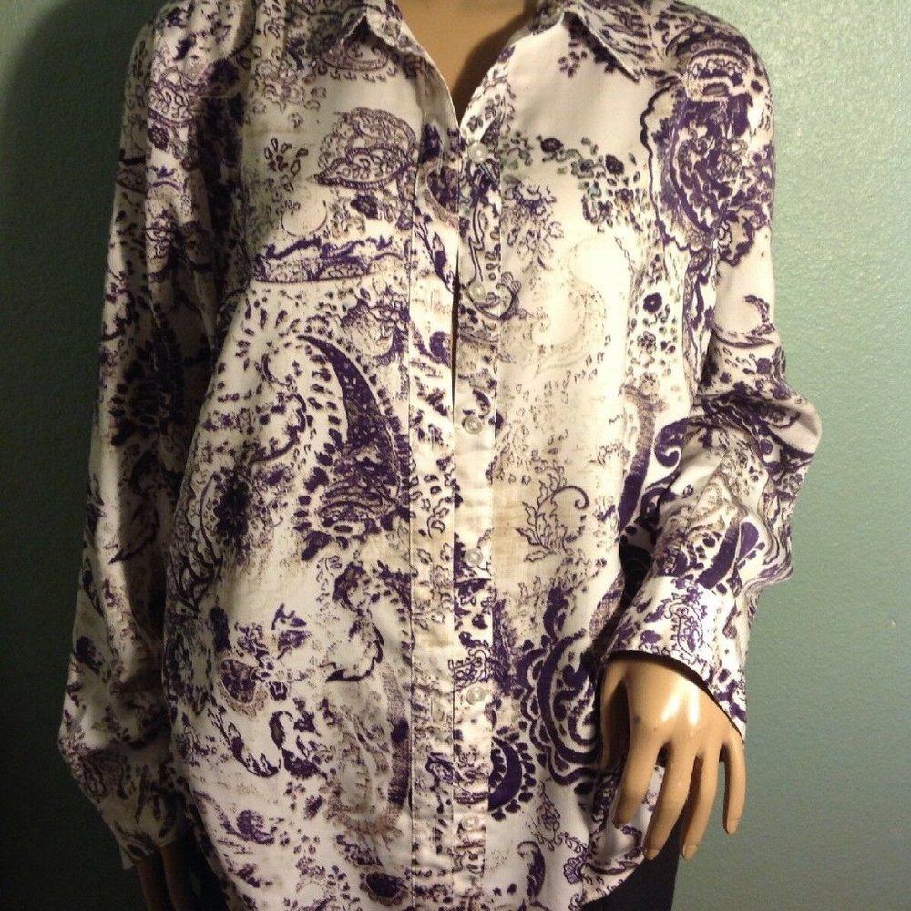 Chico's Size 2 Purple And Gray Long Sleeve Blouse